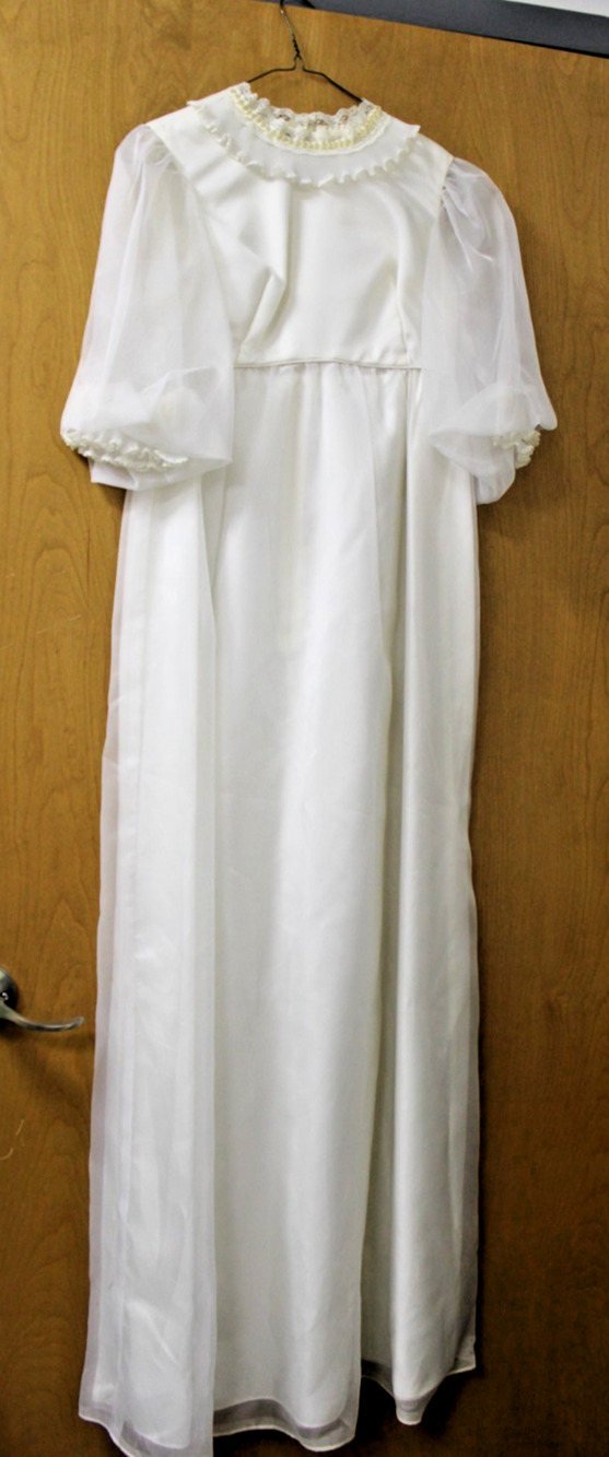 Vtg 70s Emma Domb White Organza Wedding Dress Sheer Balloon Sleeve Back Bow Sz 7